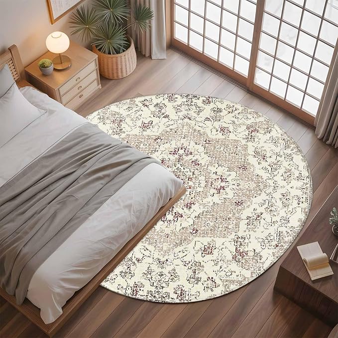 Beige Boho 3ft Round Rug, Vintage Ethnic Floral Non-Skid Rubber Backing Large Area Rugs - Living Room Bedroom Home Office, Abstract Art Geometric Indoor Floor Mat Carpets Washable Rug