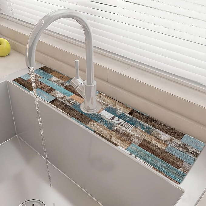 24" X 5.5" Kitchen Sink Splash Guard Faucet Mat Wood Grain Super Absorbent Fast Drying Faucet Guard & Draining Mat Sink Splash Guard Behind Faucet for Kitchen, Bathroom