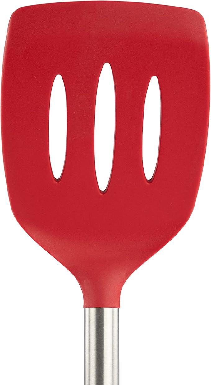 Tovolo Silicone Cooking Utensil Set of 6 Stainless Steel Handle Ladle Slotted Turner Tongs Flex Core Spatula Scraper Mixing Spoon & Potato Masher, Dishwasher Safe BPA Free Utensils, Cayenne Red