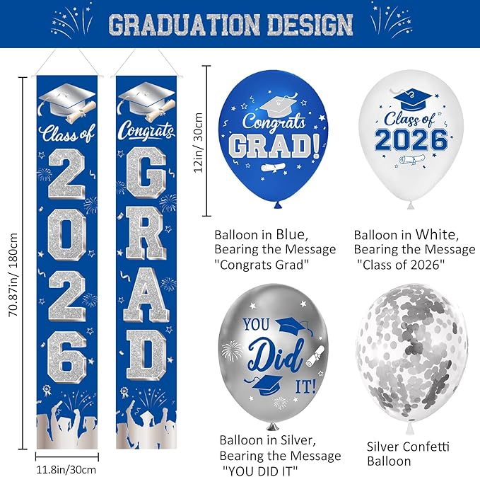 Graduation Decorations Class of 2026, Blue and Silver Graduation Decorations Include Grad Backdrop, Banner, Hanging Swirls, Porch Sign, Balloons for Congrats Grad Party Supplies