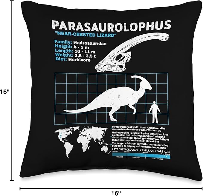 Dinosaur fact sheets Dinosaur Fossils data sheet Parasaurolophus Sheet Dinosaur Facts Throw Pillow, 16x16, Multicolor