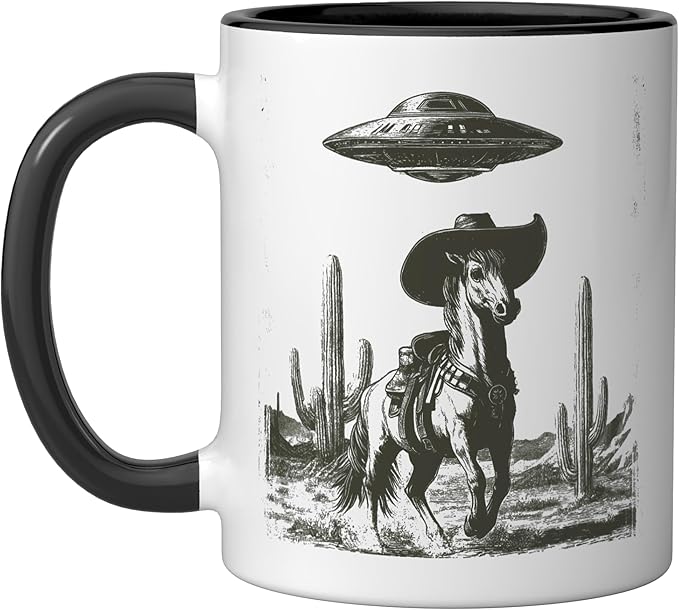 Funny Alien UFO Cowboy Horse Desert Cactus Western Graphic Ceramic Mug, Black/White