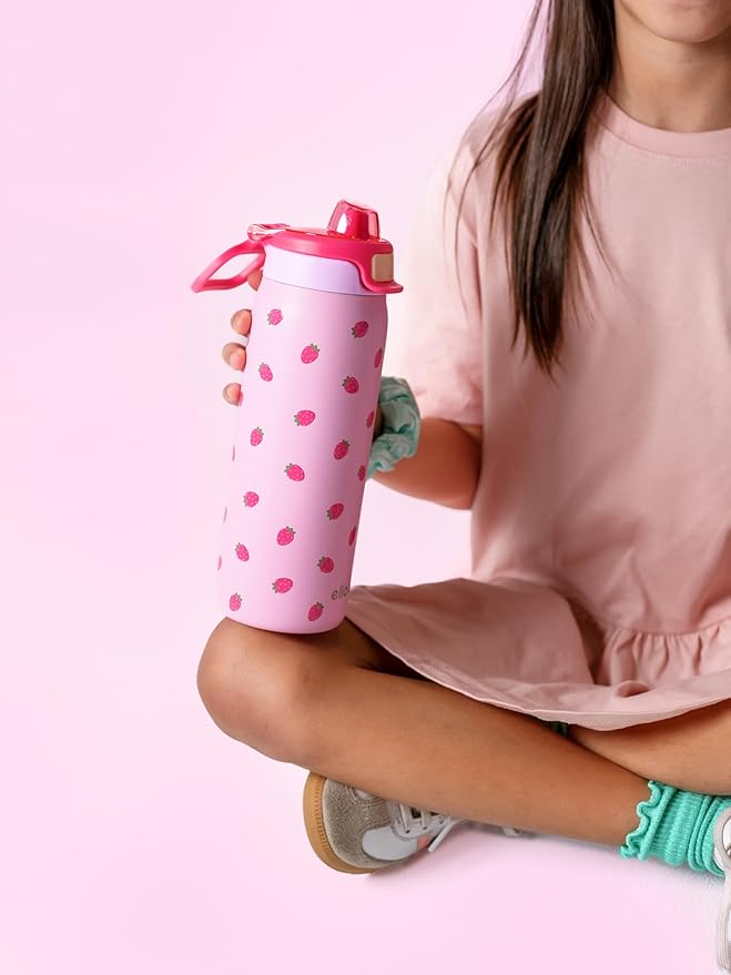 Ello Pop & Fill 18oz Stainless Steel Kids Water Bottle with Quick Fill Lid | Vacuum Insulated BPA Free Bottle with Leak Proof Straw and Chug Lid, Dishwasher Safe, Gift For Kids Teens, Strawberries