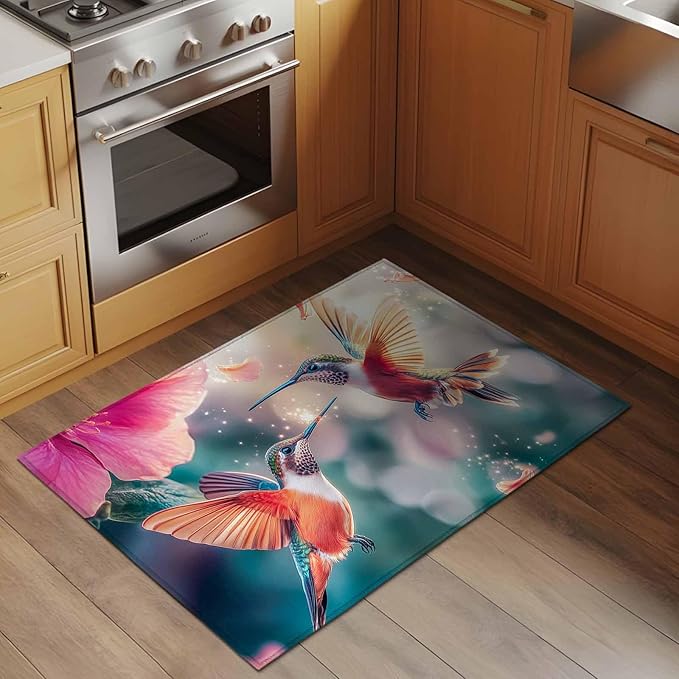 Area Rug 2x3ft, Spring Hummingbird Pink Petals Flowers Washable Rugs for Living Room Bedroom, Dreamlike Animal Focus Scenery Soft Non-Slip Area Rugs Rectangle Floor Carpet for Dining Room
