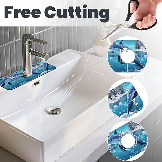 Winter the Dolphin Printed Faucet Absorbent mat, Suitable for bathrooms, Kitchens, and Other Sink Areas.