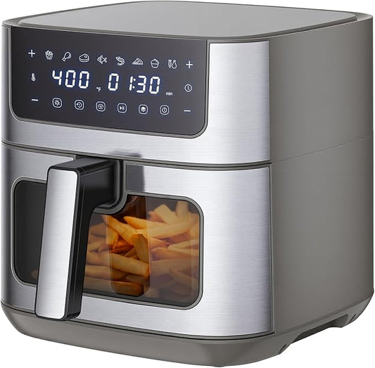 Sweetcrispy 6.34QT Air Fryer, 8-in-1 Air Fryers Oven with Visible Window, 400℉ Fast Heating, Nonstick Dishwasher-Safe Basket, Timer & Auto-Off, Stainless Steel, Grey
