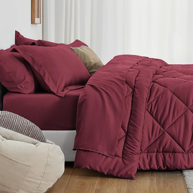 Love's cabin California King Comforter Set Burgundy, 7 Pieces California King Bed in a Bag, All Season Bedding Sets with 1 Comforter, 1 Flat Sheet, 1 Fitted Sheet, 2 Pillowcase and 2 Pillow Sham | Soft, Breathable, Lightweight, Comfortable