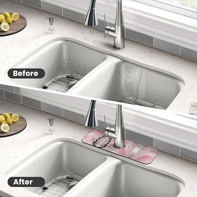 Pink Cherry Blossom Staircase Printed Faucet Absorbent mat, Suitable for bathrooms, Kitchens, and Other Sink Areas.