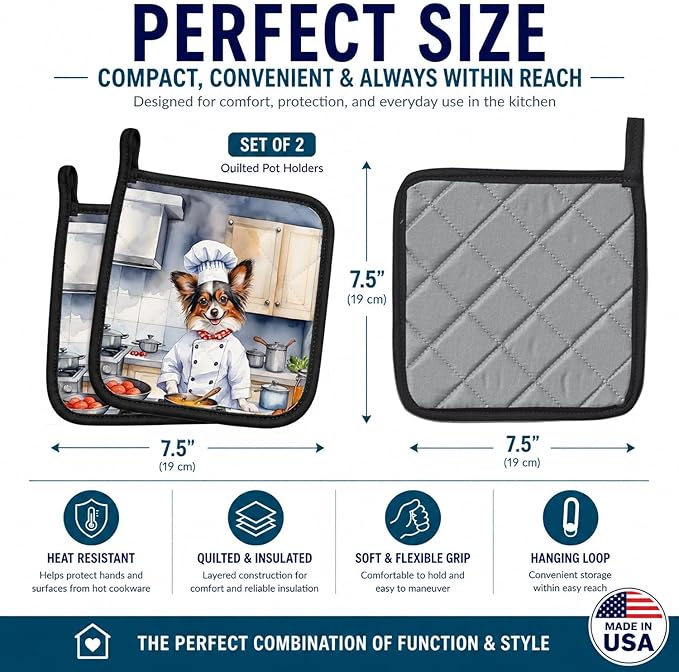 Caroline's Treasures Papillon The Chef Pair of Pot Holders Kitchen Heat Resistant Pot Holders Sets Oven Hot Pads for Cooking Baking BBQ, 7 1/2 x 7 1/2