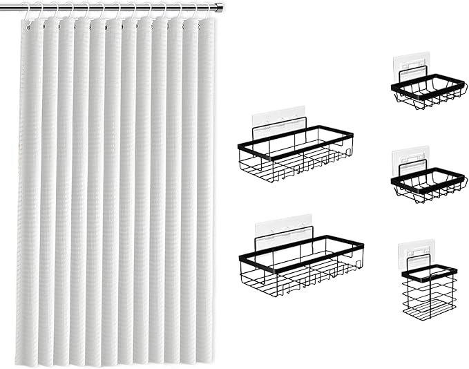 Clara Clark White Shower Curtain Set with Black Shower Caddy Hanging - Fabric Shower Curtains and Stainless Steel Shower Caddies, Bathroom Shower Curtain Sets with Corner Shower Caddy Dorm