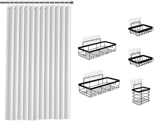 Clara Clark White Shower Curtain Set with Black Shower Caddy Hanging - Fabric Shower Curtains and Stainless Steel Shower Caddies, Bathroom Shower Curtain Sets with Corner Shower Caddy Dorm