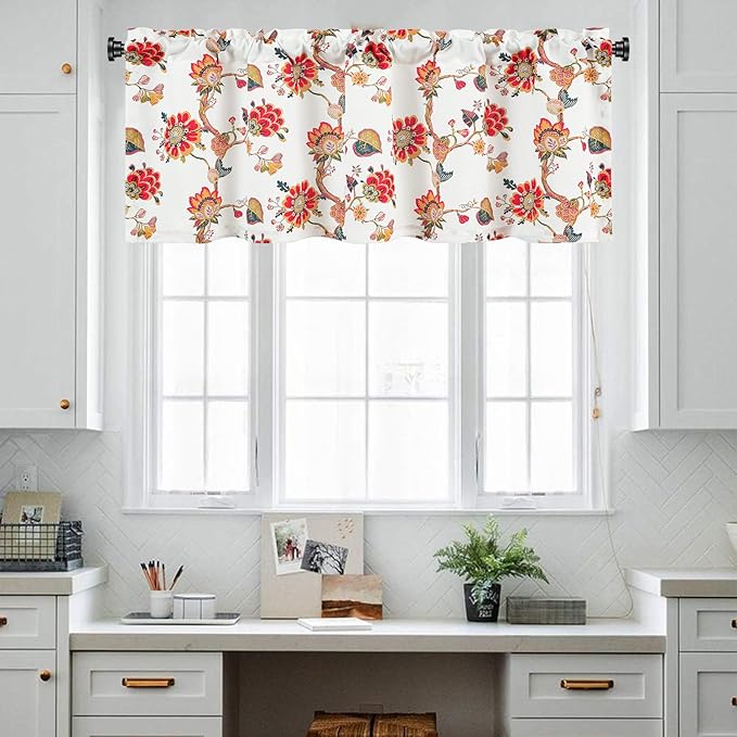 Leeva Floral Bedroom Valance Curtains, Linen Textured Valance Home Decor Rod Pocket Curtain Drapery for Dining Room, 1 Pack, 52 x 18 Inches, Red
