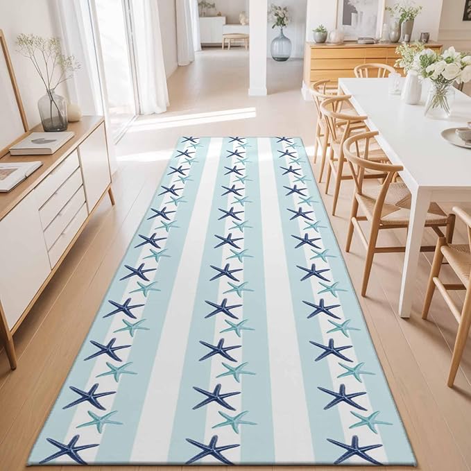 Runner Rug for Bedroom Hallway, Summer Coastal Starfish Blue Teal Kitchen Runner Rugs Area Rug 2x6ft, Watercolor Ocean Theme Stripe Washable Soft Floor Carpet for Entryway Stair