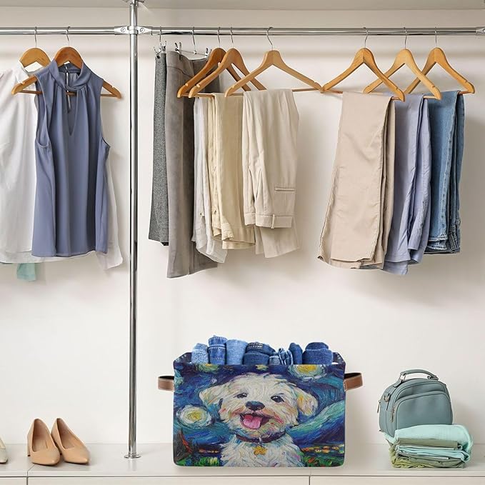 Dog Starry Night Blue Rectangular Storage Bin Basket with Handles - Laundry Hamper Nursery Storage Storage Baskets
