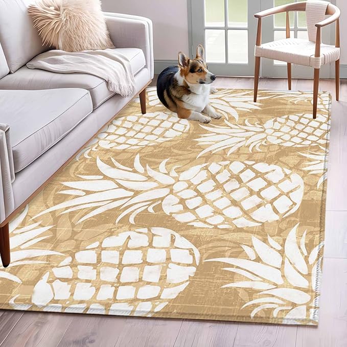 Area Rug 4x6ft, Summer Fruit Pineapple Washable Rugs for Living Room Bedroom, Rustic Vintage Tropical Leaves Soft Non-Slip Area Rugs Rectangle Floor Carpet for Dining Room