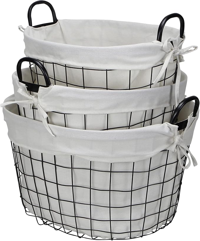 Set of 3 Lined Metal Wire Oval Basket with Handle
