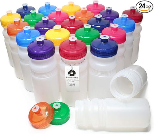 Rolling Sands Reusable Bulk Water Bottles 24 Pack - 20 Oz Sports Water Bottles, USA Made, BPA-Free, Wide Mouth for Easy Cleaning, Dishwasher Safe, Break Resistant - Clear Frost Bottle/Variety Lid