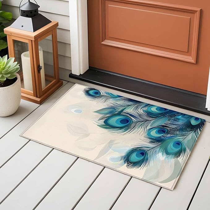 Area Rug 2x3ft, Abstract Animal Art Peacock Feather Washable Rugs for Living Room Bedroom, Watercolor Blue Eyes Beige Soft Non-Slip Area Rugs Rectangle Floor Carpet for Dining Room