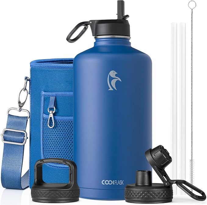 Coolflask 128 oz Gallon Water Bottle Insulated with Straw&3 Lids, Water Jug Large Stainless Steel Metal Vacuum Wide Mouth for Sports, Gym or Office, Non-BPA Keep Cold 48H Hot 24H, King's Blue