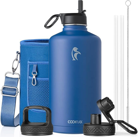 Coolflask 128 oz Gallon Water Bottle Insulated with Straw&3 Lids, Water Jug Large Stainless Steel Metal Vacuum Wide Mouth for Sports, Gym or Office, Non-BPA Keep Cold 48H Hot 24H, King's Blue