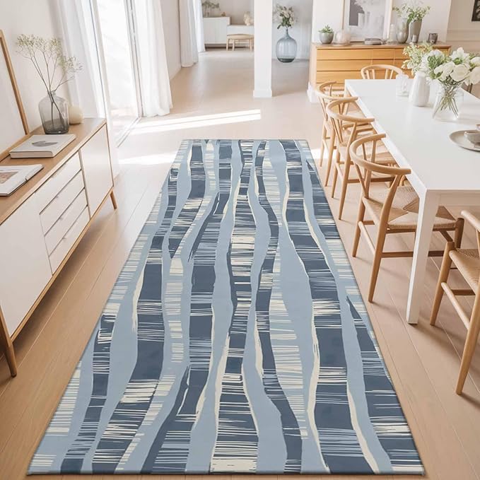 Runner Rug for Bedroom Hallway, Navy Blue Ocean Waves Coastal Horizon Kitchen Runner Rugs Area Rug 2x6ft, Abstract Art Washable Soft Floor Carpet for Entryway Stair