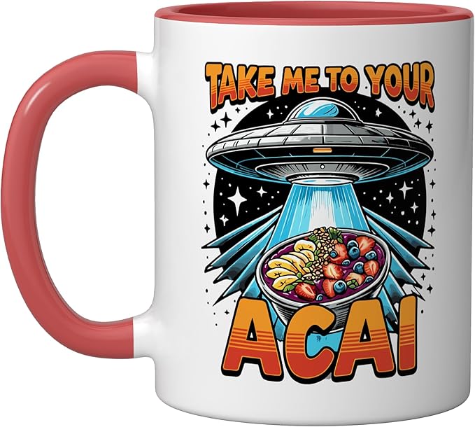 Take Me to Your Acai UFO Abduction Berry Fruit Funny Acai Ceramic Mug, Red/White