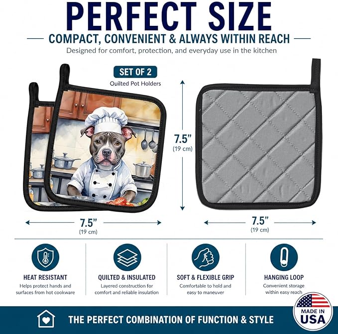 Caroline's Treasures Pit Bull Terrier The Chef Pair of Pot Holders Kitchen Heat Resistant Pot Holders Sets Oven Hot Pads for Cooking Baking BBQ, 7 1/2 x 7 1/2