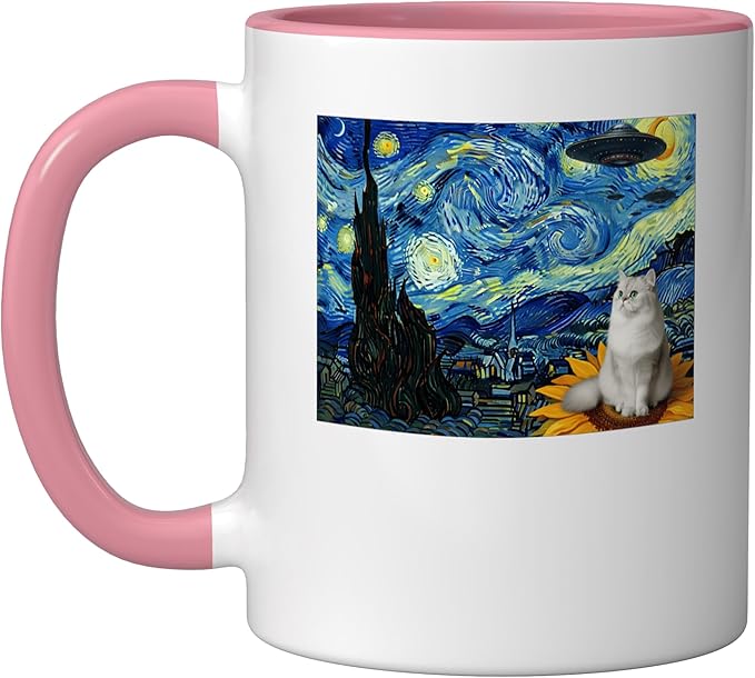 Cosmic Cat on Sunflower Space UFO Night for Men Women Ceramic Mug, Pink/White