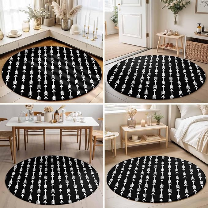 Washable Round Area Rug Tribal Style Arrows Pattern Circle Rugs Floor Carpet for Living Room Bedroom, Black Background Soft Non Slip Round Rug 3ft