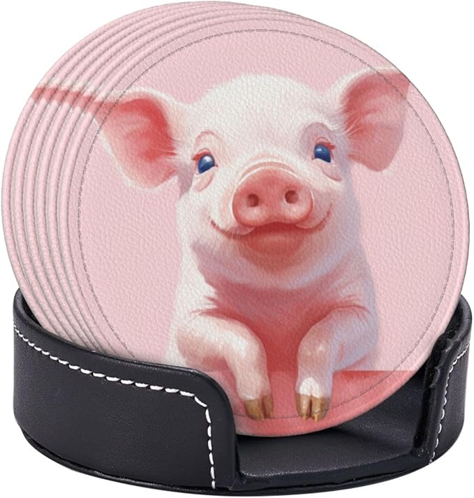 Famame 6 Pcs Pig Feet on Wall Leather Coasters for Drinks with Holder Coaster Sets Drink Table Cup Coasters for Living Room Kitchen Coffee Decor