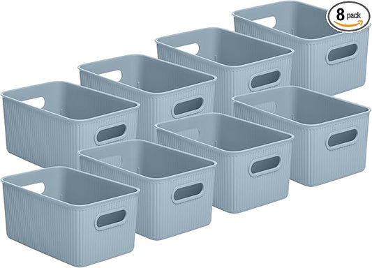 Superio Decorative Plastic Basket Open Home Storage Bins Organizer Baskets, Medium, Blue (8 Pack) Container Boxes for Organizing Closet Storage Bins for Shelves Drawer Shelf, 5 Liter