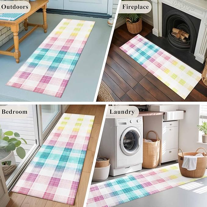 Runner Rug for Bedroom Hallway, Easter Red Yellow Blue Stripes Kitchen Runner Rugs Area Rug 2x6ft, Abstract Buffalo Plaid Washable Soft Floor Carpet for Entryway Stair
