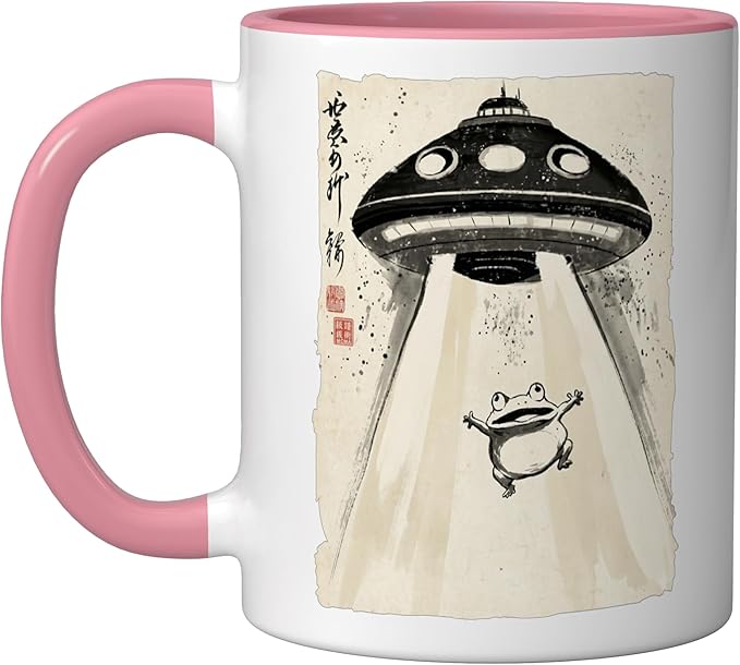Ukiyo-e Style UFO Abducting Cute Frog Ink Art Painting Ceramic Mug, Pink/White