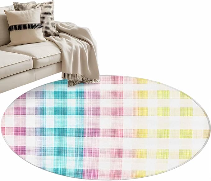 Washable Round Area Rug Easter Red Yellow Blue Stripes Circle Rugs Floor Carpet for Living Room Bedroom, Abstract Buffalo Plaid Soft Non Slip Round Rug 4ft