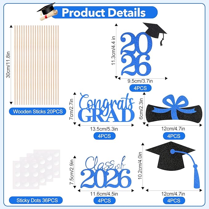 Graduation Decorations 2026, 20 PCS Sparkling Black and Blue Double-Sided Centerpiece Sticks for Tables, Class of 2026 Table Toppers and Party Supplies
