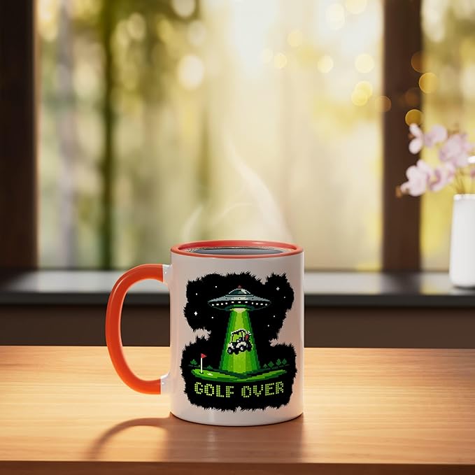 GOLF OVER Retro Funny Pixel Art UFO Abducting Golf-Cart Ceramic Mug, Orange/White