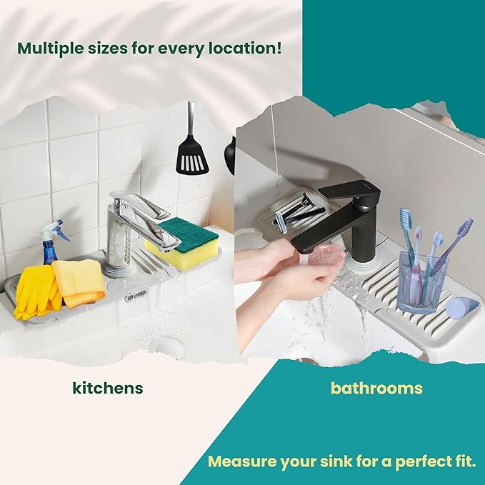 Kitchen Sink Splash Guard (23.6" x 5.5") - 5 Slope Silicone Draining Mat, Faucet Mat With Soap Dispenser & Sponge Holder, Water Drip Catcher Tray (Light Grey)