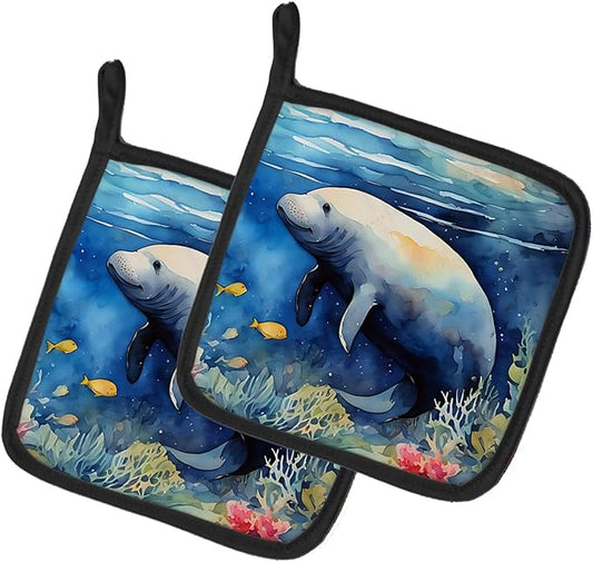 Caroline's Treasures Manatee Pair of Pot Holders Kitchen Heat Resistant Pot Holders Sets Oven Hot Pads for Cooking Baking BBQ, 7 1/2 x 7 1/2