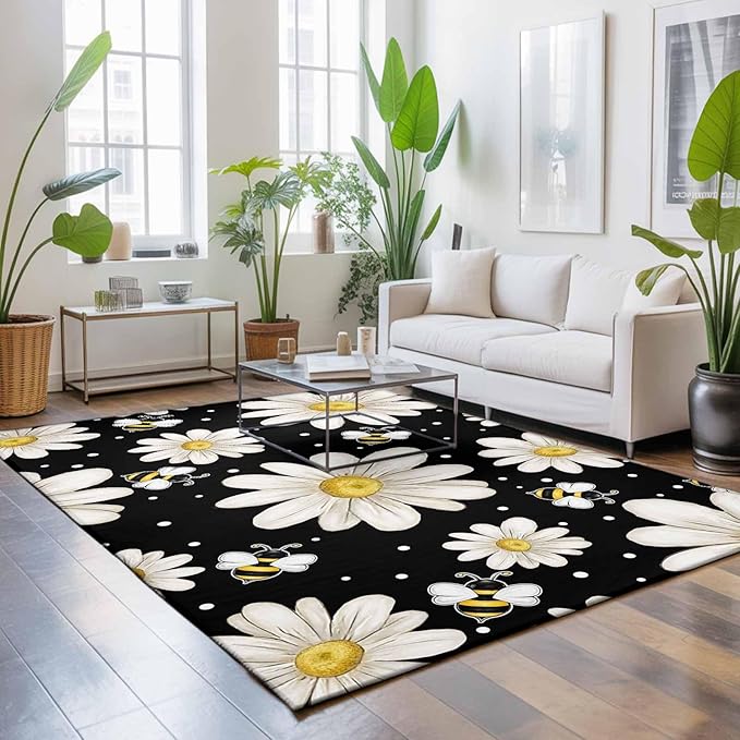 Area Rug 3x5ft, Watercolor White Floral Daisy Bee Washable Rugs for Living Room Bedroom, Blossom Flower on Black Soft Non-Slip Area Rugs Rectangle Floor Carpet for Dining Room