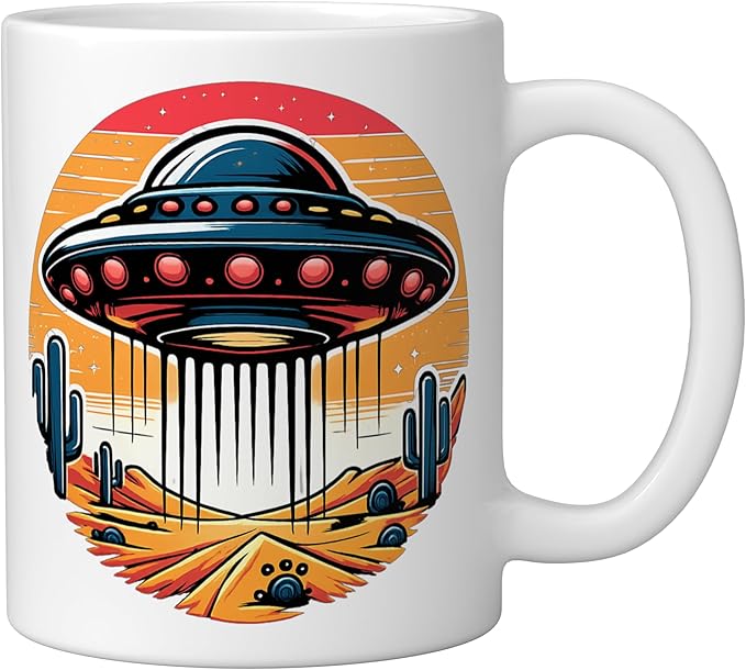 Retro UFO Desert Abduction Scene | Vintage Sci-Fi Ceramic Mug, White