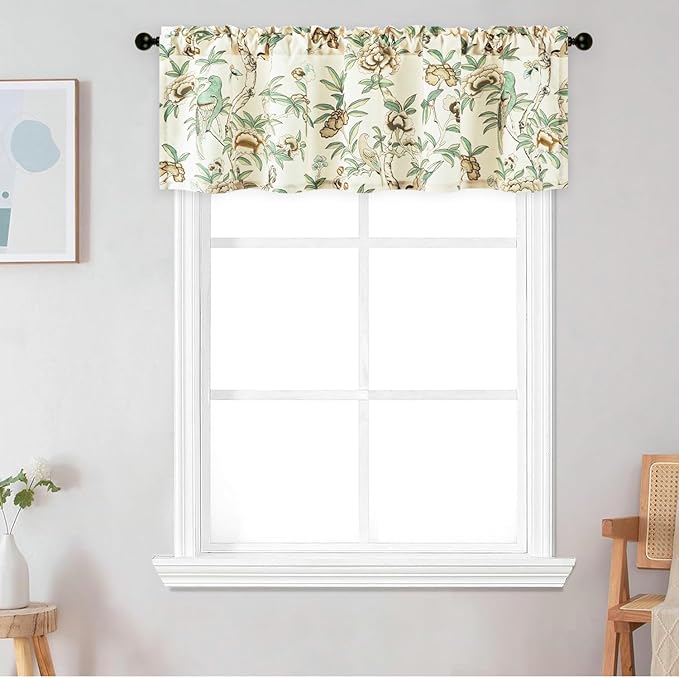 Leeva Short Floral Valance Curtain for Bedroom – Linen Textured Window Treatment Panel for Dining Room, Light Filtering Rod Pocket Drapery, 60 Inches Wide x 18 Inches Long
