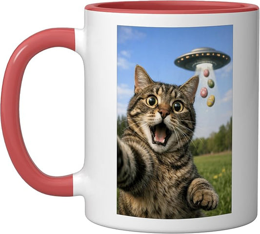Funny Cat Selfie with Easter Eggs UFO for Men Women Kids Ceramic Mug, Red/White