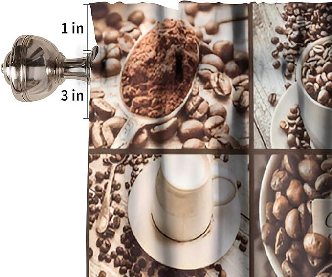 Coffee Kitchen Valance, Vintage Brown Coffee Beans Cups Heart Short Window Treatment for Cafe Kitchen Bedroom Living Room, 54x18Inch