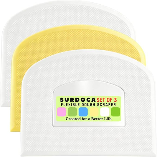 SURDOCA Dough Scraper Bench Scraper - 3P 10.6x6.7" Plastic Flexible Bowl Scraper, Sharp Edge & Angles Cake Scraper. Non-Slip Bakeware Decorating Tools Sculpting & Modeling Tools - White+Yellow+White