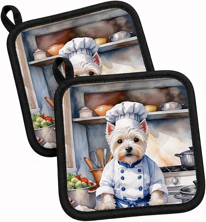 Caroline's Treasures Westie The Chef Pair of Pot Holders Kitchen Heat Resistant Pot Holders Sets Oven Hot Pads for Cooking Baking BBQ, 7 1/2 x 7 1/2