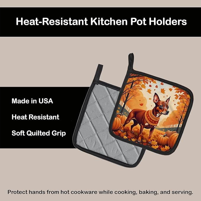 Caroline's Treasures DAC1058PTHD Red Miniature Pinscher Fall Pair of Pot Holders Kitchen Heat Resistant Pot Holders Sets Oven Hot Pads for Cooking Baking BBQ, 7 1/2 x 7 1/2