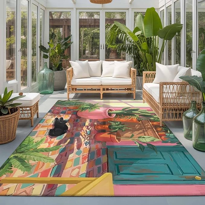 Area Rug 3x5ft, Sleeping Cat Pink Sunlit Room Washable Rugs for Living Room Bedroom, Potted Plants Soft Non-Slip Area Rugs Rectangle Floor Carpet for Dining Room