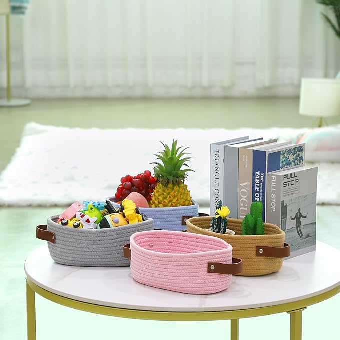 ABenkle Small Woven Basket, Mini Cotton Rope Storage Basket, Tiny Easter Basket, Shelf Basket, Oval Decorative Toy Dog Cat Basket for Nursery, Empty Gift Basket, 9.4" x 5.9" x 3.9" XS