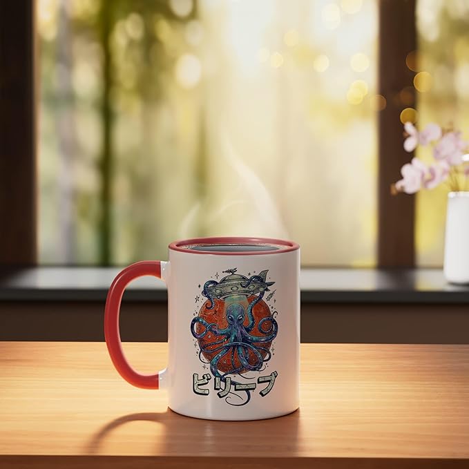 Retro Vintage Japanese Octopus Kraken Alien Planet Galaxy Ceramic Mug, Red/White
