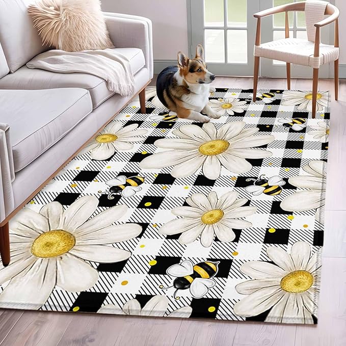 Area Rug 4x6ft, Farmhouse Blossom Flower Bee Washable Rugs for Living Room Bedroom, Spring Daisy Black White Plaid Soft Non-Slip Area Rugs Rectangle Floor Carpet for Dining Room
